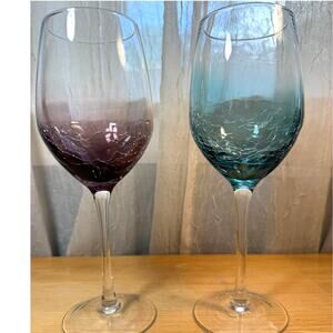 Pier 1 Crackle Wine Glass Set Purple Teal Hand Blown 18oz Discontinued